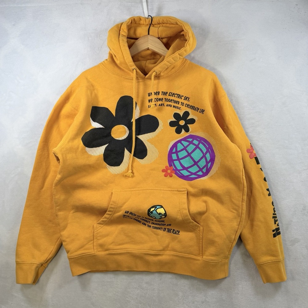 Insomniac Nature Techno Yellow All Over Design Black Hoodie Sweatshirt Size L